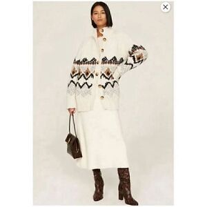 Vanessa Bruno Cream Fair Isle Knit Cardigan with Brown and Black Accents